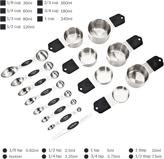 16-Piece Magnetic Measuring Cups and Spoons Set, Stainless Steel with Non-Slip Silicone Handles and Leveler, Essential Kitchen Baking Tools (Black)