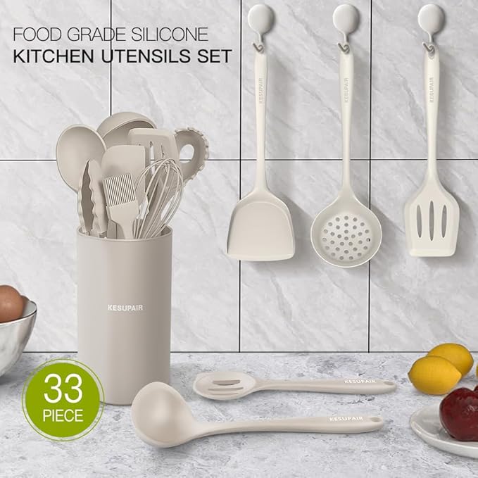Kitchen Utensils Set - 446°F Heat Resistant Silicone Cooking Utensils Set-Kitchen Tools and Gadgets for Cooking Nonstick Cookware with Tongs,Turner,Spatula,Spoon,Brush,Peeler,Grater,Scissors (Khaki)