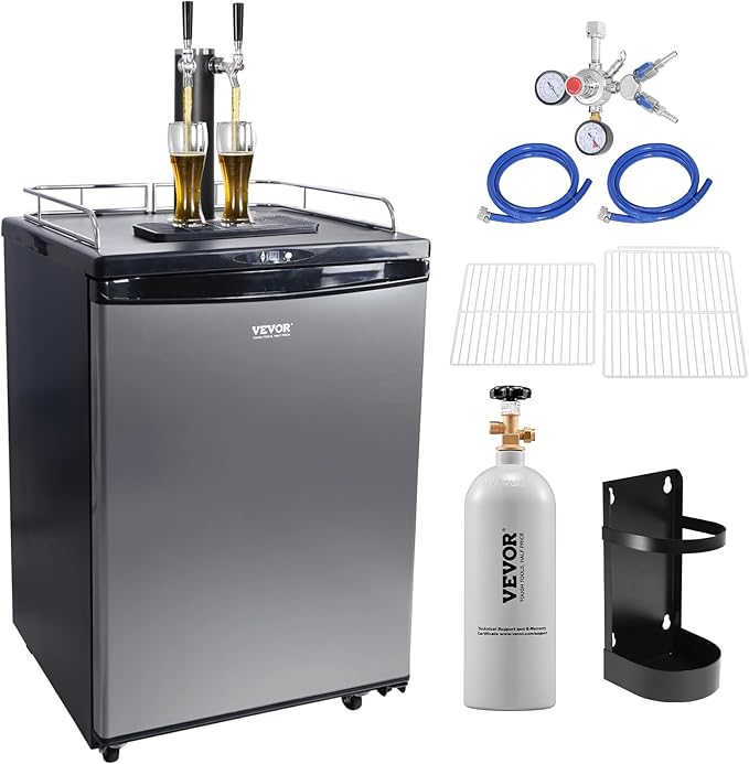 VEVOR Beer Kegerator, Dual Tap Commercial Draft Beer Dispenser for D system, Full Size Keg Refrigerator with 5lbs CO2 Tank, Hold 2 Sixth / 3 Ball lock keg, Silver