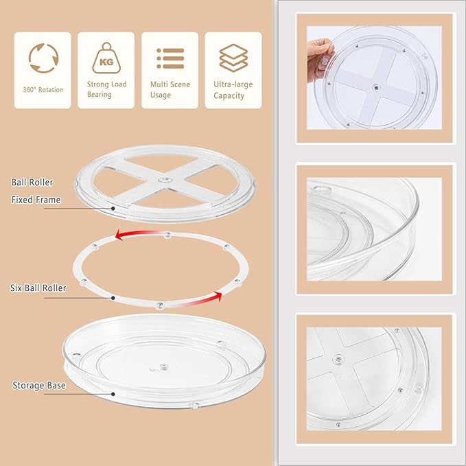 Roninkier Lazy Susan Cabinet Organizer - Rotating Spice Rack Kitchen Storage Cosmetic Makeup Organizers, White/Gray and Clear, 9-Inch and 10-Inch, 4-Pack