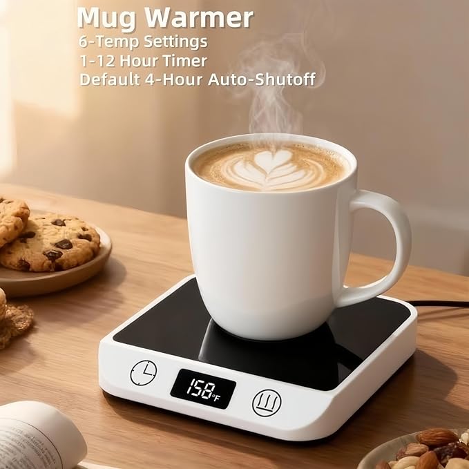 Coffee Mug Warmer & Candle Warmer 46W Electric Cup Warmer for Desk - Smart Digital Display 6 Heat Settings Timer Auto Shut-Off Work from Home Office Gift (White)