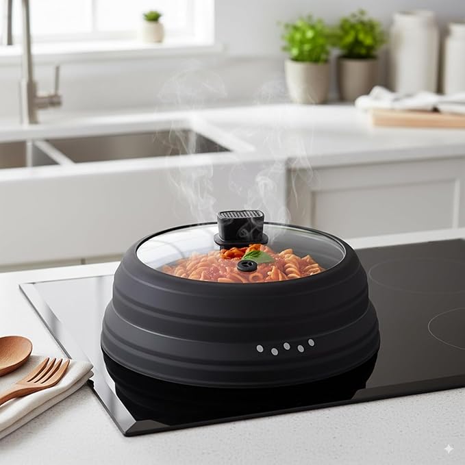 Microwave Splatter Cover Glass Microwave Cover for Food Collapsible Splatter Guard Lid with Silicone Handle for Pot Plate Bowl 9.8 Inch Black