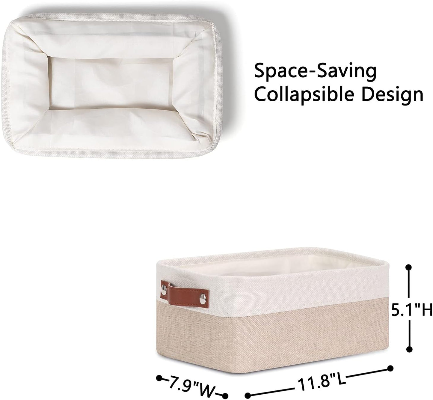 DULLEMELO Small Storage Bins, Storage Baskets for Organizing, Collapsible Rectangular Fabric Baskets for Shelves, Closets, Nursery, Home, Office, Empty Gift Baskets (6-Pack, White&Khaki)