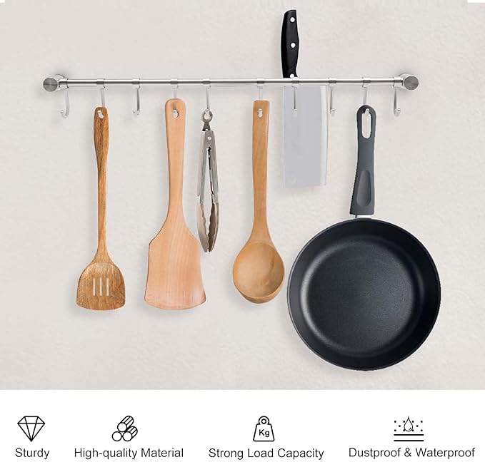 Kitchen Hanging Racks 304 Stainless Steel 20 Inch Rail Utensil Storage Hanger with 10 Pcs Noiseless Sliding Hooks, Wall Mounted Rod Holder for Pots Pan Spatula Spoon Cookware Mug Cup (Silver)