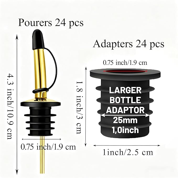 24-Pack Liquor Bottle Pourers with Adapters, Liquor Pour Spout Adapters set for for Large Olive Oil Bottles and Liquor Bottles - Up to 1 Inch/25mm Neck Converts Any Spout into a Large Pour Spout,Gold