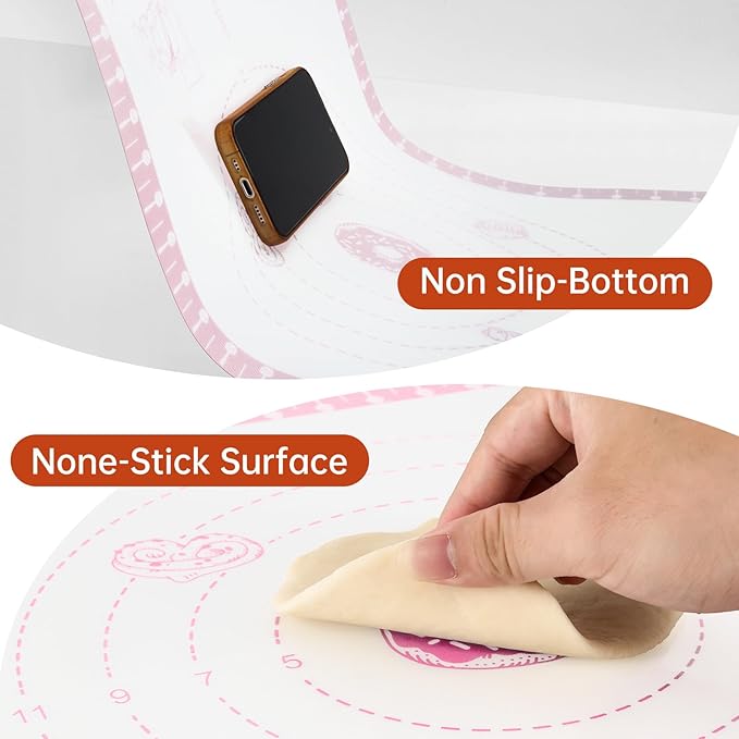 Silicone Baking Mat with 10 Recipes, Pastry Mat for Dough Rolling, Silicone Mat for Baking Macaron, Cookie, Bread, Pizza,Surdough, Fondant Mat for Kitchen, Extra Large Pink 32 X 24 INCH