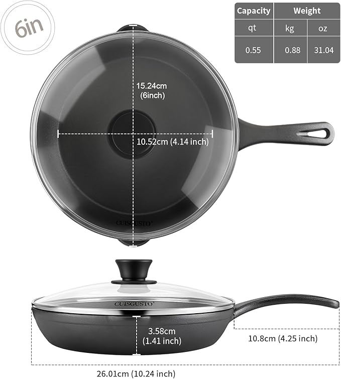 6 Inch Cast Iron Skillet with Tempered Glass Lid, Pre-Seasoned for Even Heating, Silicone Handle Cover & Pan Scraper, Perfect for Single Meals & Side Dishes