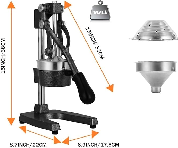 Cast Iron Manual Citrus Juicer Hand Press, Heavy-Duty Commercial Grade, Stainless Steel Lemon Orange Squeezer Effortless, Stable, Easy Clean for Home, Bar, Commercial Use