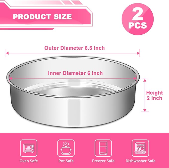 EWFEN 6 Inch Cake Pan Set of 2, Stainless Steel Round Layer Cake Baking Pans Tins, Non-Toxic & Healthy, Leak-proof & Easy Clean & Dishwasher Safe