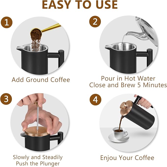 Black Large French Press Coffee Maker 50oz, Double Wall Insulated French Press Stainless Steel,for Coffee&Tea,with 3 Extra Screens and a Coffee Spoon, 50oz/1500ml, Gold
