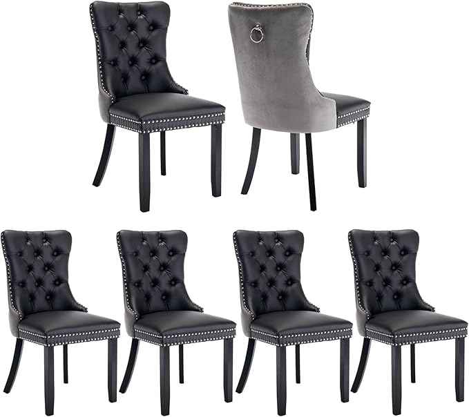 Dining Chairs Set of 6, Upholstered Dining Room Chairs with Back Ring Pull Trim and Solid Wood Legs, Modern Tufted Kitchen Chairs Perfect for Dining Room, Black Pu Leather Splicing Grey Velvet