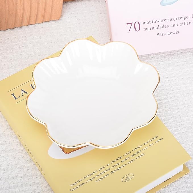 Porcelain Serving Dish,Ceramics Flower Relish Tray with Metallic Rim,Serving Bowls for Wedding,Party Perfect for Small Cereal, Pasta, Salad, Candy and Snacks White 6.6 inch (2pc-6.6 inch)
