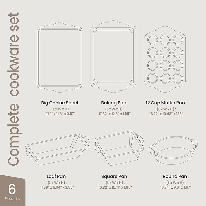 BAKKENMASTER 6-Piece Deluxe Nonstick Baking Pan Set - Professional Grade Carbon Steel Bakeware with White Marble Coating & Silicone Handles