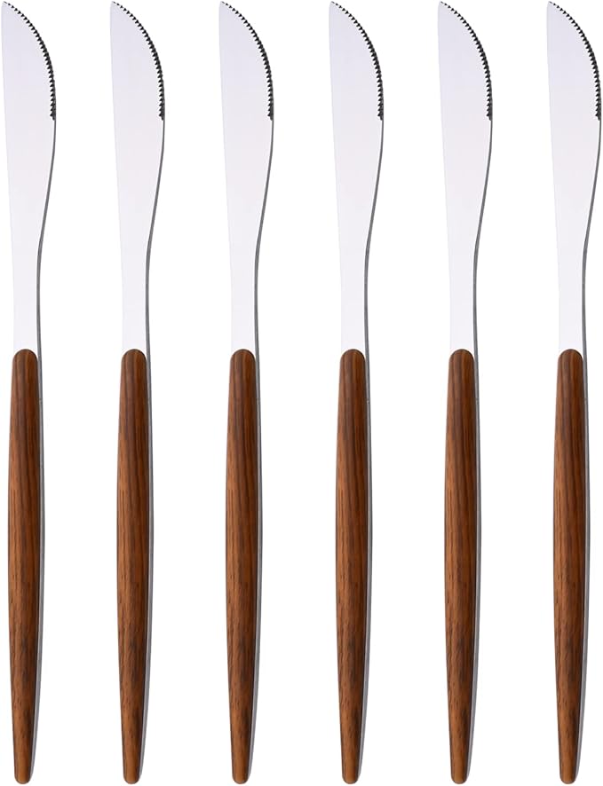 6 PCS Silver Steak Knife With Wooden Effect Handle, Stainless Steel Dinner Knife Set for 6, Mirror Polished Table Knives Set for Home Hotel Restaurant, Easy To Clean