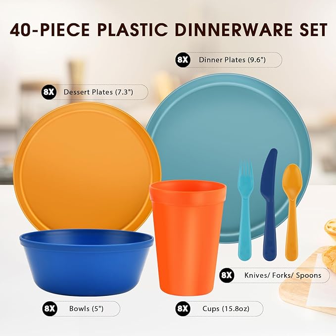 40 Piece Plastic Dinnerware Set for 8 with Cutlery, Unbreakable Plates and Bowls Set, Dishwasher & Microwave Safe Reusable Dish Set for Camping, RV, Outdoor Kitchen, Apartment Dining,Tropic Multicolor