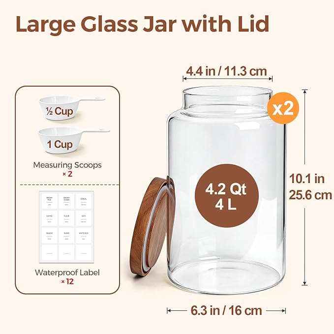 ComSaf 2Pcs (4.2Qt) Wide-Mouth Flour Sugar Storage Containers - Include Scoops & Labels, Easy to Scoop & Airtight, Large Glass Jar for Bakers to Store Bulk Flour, Rice, and Dry Goods in Kitchen Pantry