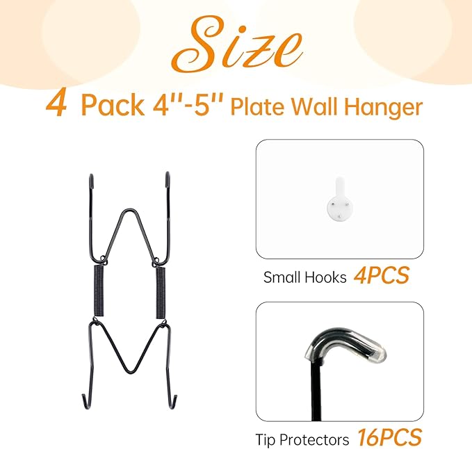 Bilillo 4 Pack Plate Hangers for The Wall, Suitable for 4''-5'' Decorative Plate,Invisible Heavy Duty Wire Plate Holder with Wall Hooks, Plate Hangers for Displaying Plates, Platter, Dish (Black)