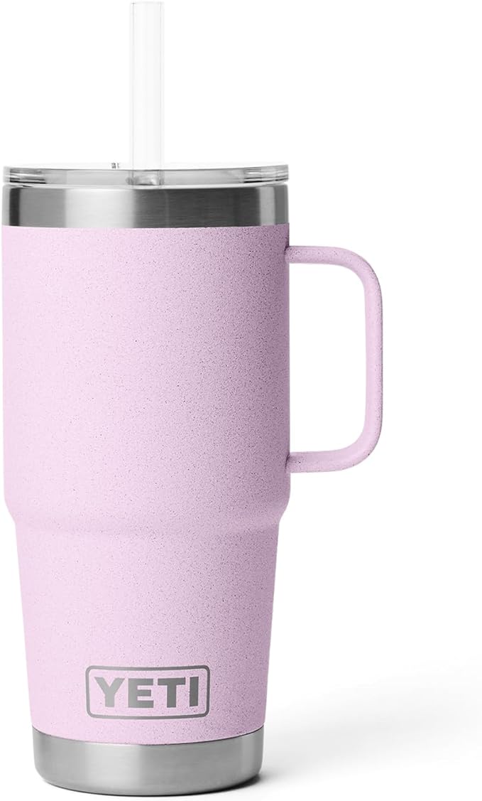 YETI Rambler 25 oz Tumbler with Handle and Straw Lid, Travel Mug Water Tumbler, Vacuum Insulated Cup with Handle, Stainless Steel, Cherry Blossom - Textured