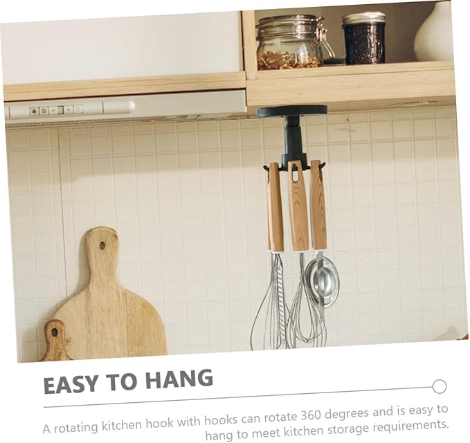 TOYANDONA 3pcs Kitchen Utensil Hooks Set with Rotating Black Hanging Organizer, Nail-Free Under Cabinet Cooking Sundries Holder for Spoon, Spatula, and Ladle Storage