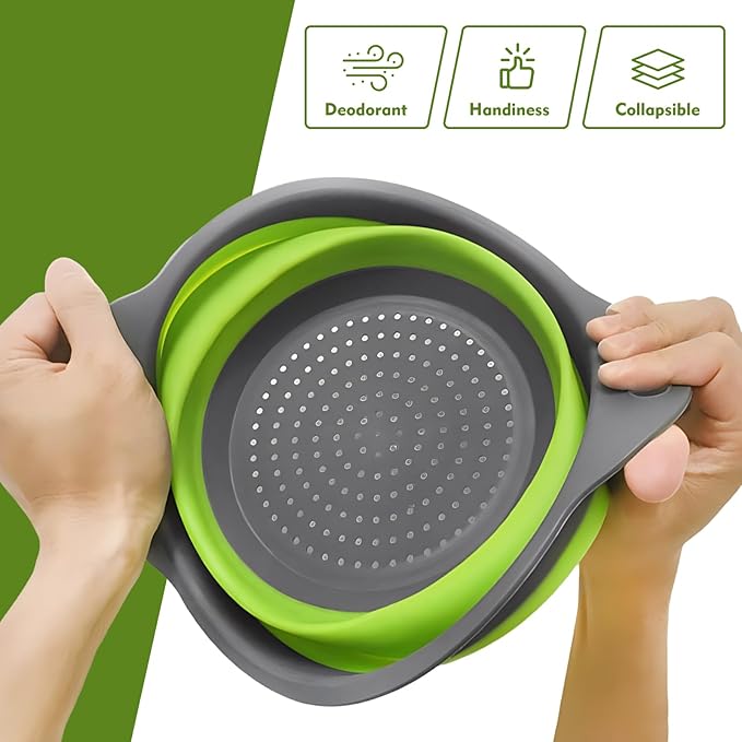 Silicone Colander Collapsible Strainers Set for Kitchen- 3 Pack (3Qt, 4Qt,5Qt) -Over Home Draining Basket, Food Vegetables & Fruits-Dishwasher Safe, BPA Free Space Saving Design (Green,Blue,Red)
