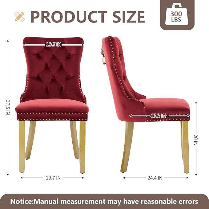 Velvet Dining Chairs Set of 4, Modern Tufted Dining Room Chair, Upholstered Dining Chairs with Lion Head Pulls Ring and Golden Solid Wood Legs, Luxury Kitchen Chairs for Dining Room, Burgundy
