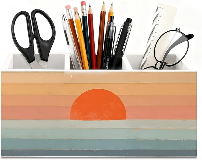 70s Retro Boho Sun Wooden Utensils Holder, Mid Century Modern Sunset Sunrise Wood Cooking Utensil Holder Organizer for Kitchen Countertop Counter Decor Accessories