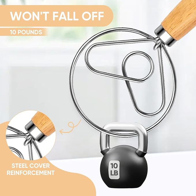 Maxjoy Danish Dough Whisk Stainless Steel with Wooden Handle, Dutch Whisk Dough Hook for Sourdough Bread Baking Mixing Tool