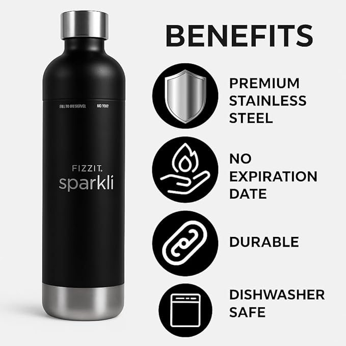 FIZZIT Black Stainless Steel Carbonation Bottle | Compatible with Some Soda Makers | Reusable Sparkling Water Bottle, Dishwasher Safe, BPA-Free (SSB-B)