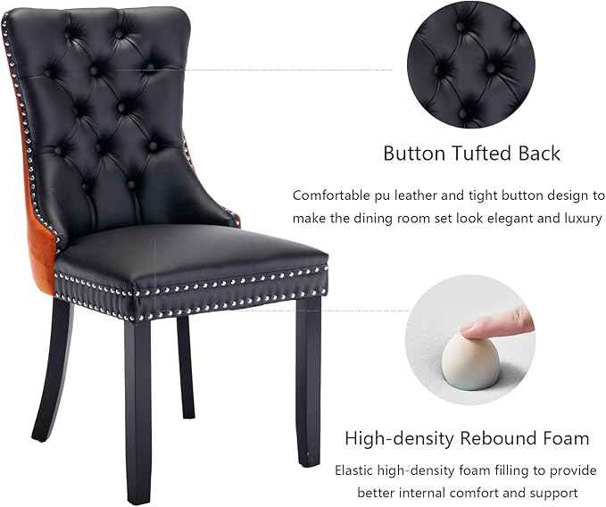 Dining Chairs Set of 2, Upholstered Dining Room Chairs with Back Ring Pull Trim and Solid Wood Legs, Modern Tufted Kitchen Chairs Perfect for Dining Room, Black Pu Leather Splicing Orange Velvet