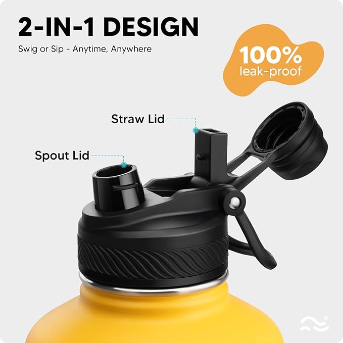 Swigina [2-IN-1 LID] 64 oz Insulated Water Bottle with Silicone Boot (48hrs Cold/24hrs Hot) - DIY Stickers, Leakproof, BPA Free, Half Gallon