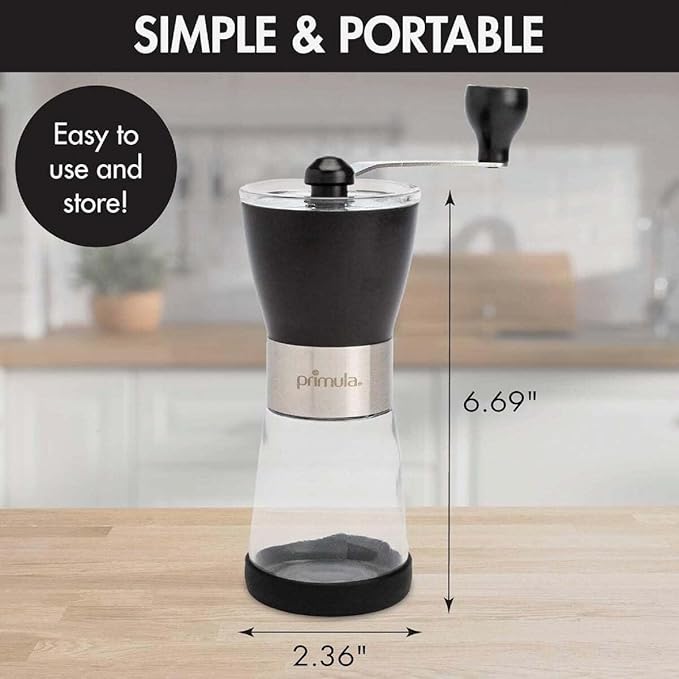 Primula Manual Adjustable Burr Coffee Grinder - Ceramic Mill & Brushed Stainless Steel Body - Whole Bean for French Press, Cold Brew, Espresso, Camping, And More