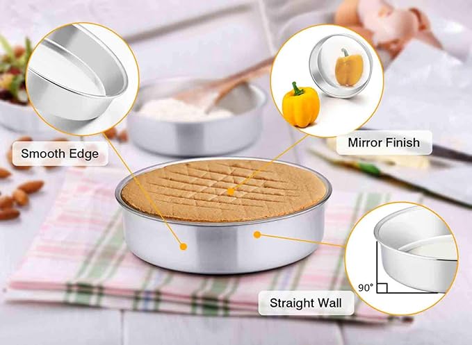 TeamFar 8 Inch Cake Pan, 4 Pieces Stainless Steel Round Tier Baking Cake Pans Set for Baking Steaming, Fit in Oven Pressure Cooker Pot, Healthy & Sturdy, Mirror Finish & Dishwasher Safe