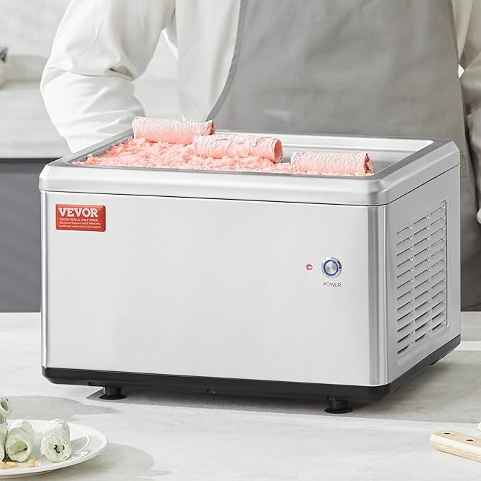 VEVOR Fried Ice Cream Machine, 12.6" x 8.5" 120W Stir-Fried Ice Cream Roll Maker with Compressor and 2 Scrapers, for Making Dessert Rolls, Frozen Yogurt