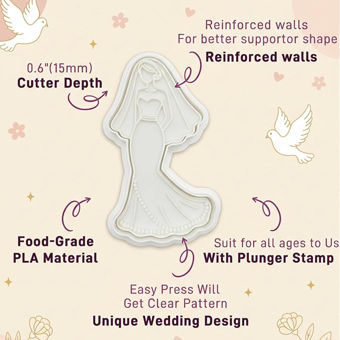 Wedding Cookie Cutters Set of 6 Dress Molds 3.5" with Plunger Stamps Baking Dough Tools Cake Shapes PLA Accessories for Birdesmaid Decorative Party Kitchen Supplies