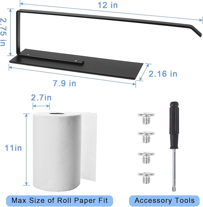 Paper Towel Holder Black, Toilet Paper Roll Holder Magnetic Towel Rack Wall Mount Fridge Organizer Shelf for Towels Rolls Bar Bathroom Toilet Pantry RV Essentials Kitchen Organizers and Storage 2 Pack