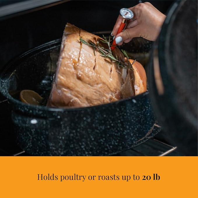 Granite Ware 19 inch oval roaster with Lid, V Rack included (Speckled Black) - design to accommodate up to 20 lb poultry/roast. Resists up to 935°F