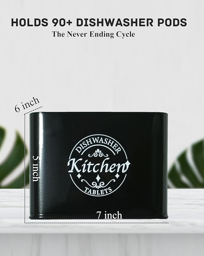 Dishwasher Pod Container with Hinged Lid. Farmhouse Metal Dishwaser Pods Holder for Kitchen Cabinet Organizer. Modern Kitchen Decor and Accessories. Dishwasher Detergent Tablet Storage (Black)