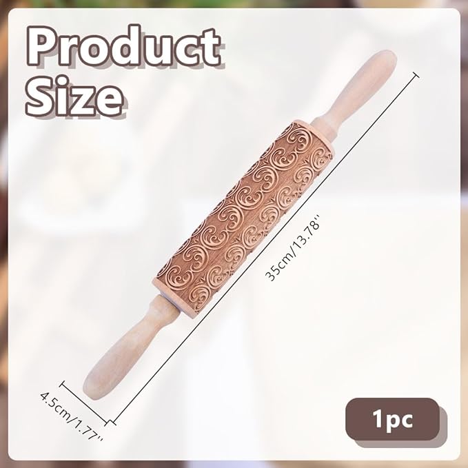 Embossed Wooden Rolling Pin Darker 3D Scrollwork Rattan 36cm Rolling Pin for Baking Biscuits DIY Kitchen Tool Baking Accessories Homemade Bakery Pastry Cookie Fondant Dough Pizza