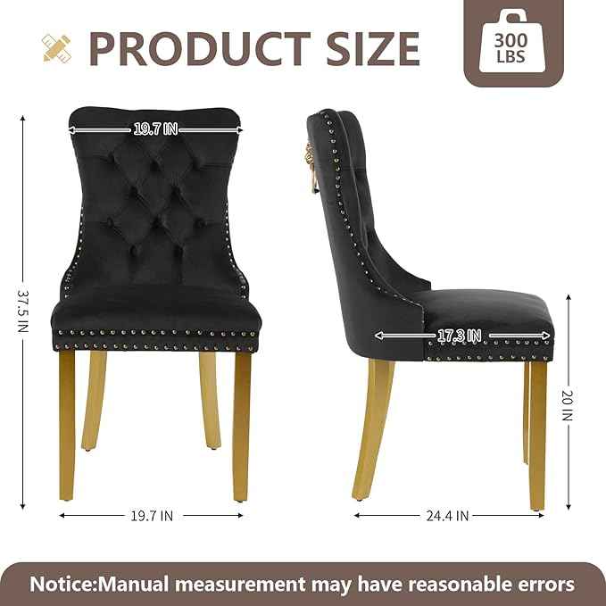 Velvet Dining Chairs Set of 6, Modern Tufted Dining Room Chair, Upholstered Dining Chairs with Lion Head Pulls Ring and Golden Solid Wood Legs, Luxury Kitchen Chairs for Dining Room, Black