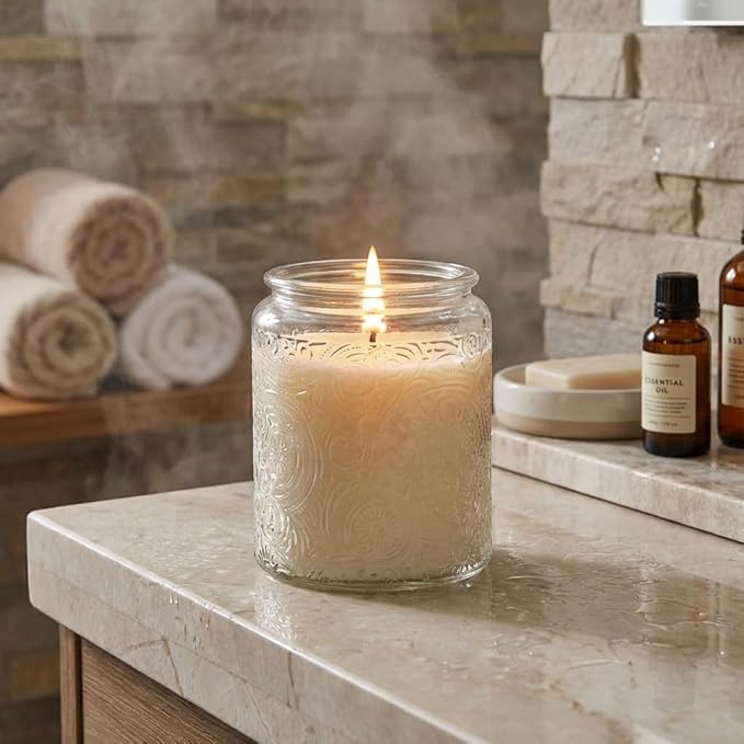 Art Secret 9-Pack 8oz Embossed Glass Candle Jars with Lids and Labels - Sun Moon Stars Design (Clear)