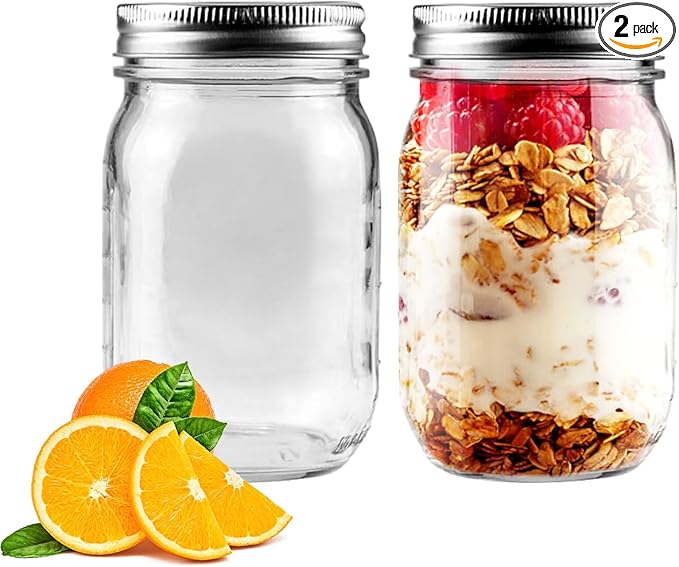 Showvigor 2 Pack Regular Mouth Mason Jars 16oz Glass Canning Jars with Airtight Lids for Preserving, Jam, Honey, Jelly, Wedding Favors, Sauces, Meal Prep, Overnight Oats, Salad