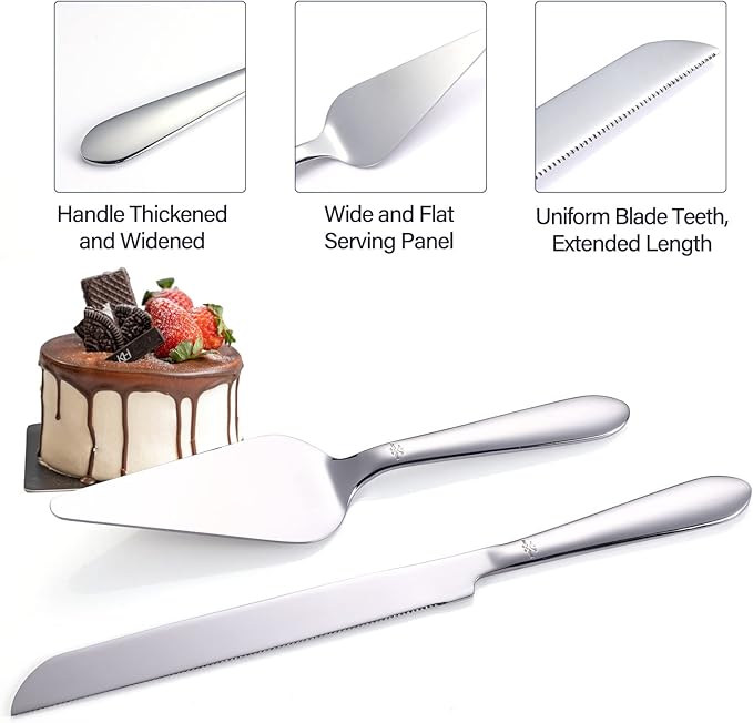 Eisinly Cake Cutting Set for Wedding, Elegant Cake Knife and Server Set with Thickened Stainless Steel Rounded Edges, Cake Cutter and Pie Spatula for Birthday Anniversary, 2 Pcs, Silver