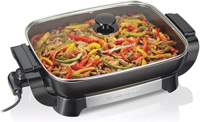 Hamilton-Beach 20.5" x 12.5" x 7.5" Durathons Ceramic Reversible Nonstick Electric Skillet, Large Cooking Surface, Adjustable Temperature Control, Easy Cleaning, Glass Lid, Black