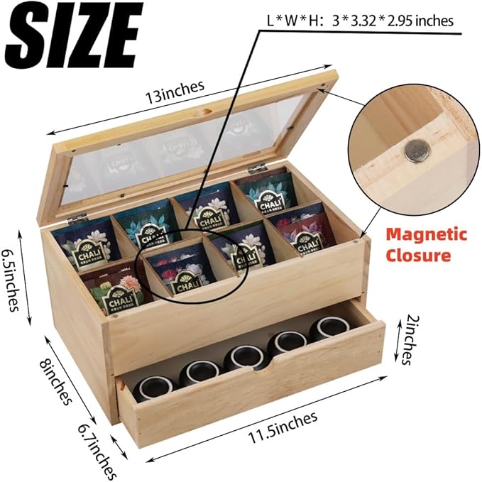 Tea Bag organizer Storage Box with Drawer Tea Organizers with Clear Acrylic Window Wooden Tea Box for Countertop with 8 Compartments Teabag Holder with 4 Cotton Woven Coasters（WWood02）
