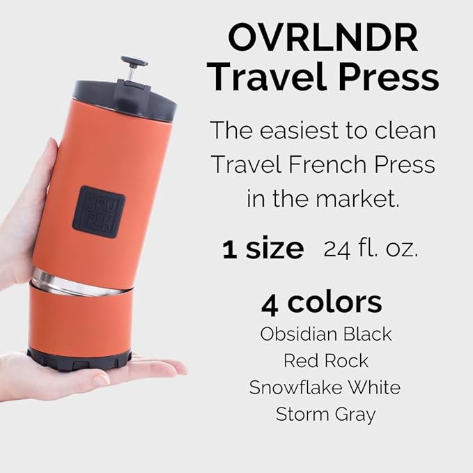 BruTrek® by Planetary Design OVRLNDR Travel Coffee French Press, 24 fl.oz, Double Wall Insulated, Patented Removable Bottom, Locking No Spill Lid, On The Go Coffee Brewing (Storm Gray)