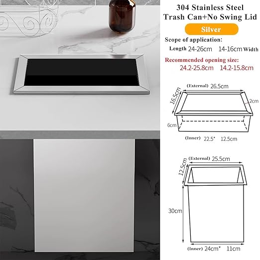 Embedded Countertop Trash Can, Stainless Steel Kitchen Trash Can, Built-in Countertop Trash and Waste Chute, Square Built-in Countertop Trash Can Grommet,Silver Set