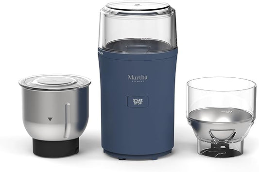 Martha Stewart Electric Coffee & Spice Grinder, Dual 2.5oz Removable Bowls, Storage Lids, Stainless Steel Blades, One Touch Pulse Control, 2-in-1 Compact, Beans & Spices, Herbs & Nuts, Indigo Blue