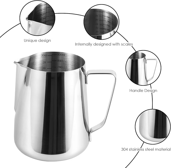 4 Pack Milk Frothing Pitcher 900ml Stainless Steel Milk Jug with Measurement Marks, 32oz Steaming Pitcher for Coffee, Cappuccino, Latte Art, Includes Art Pen, (4)