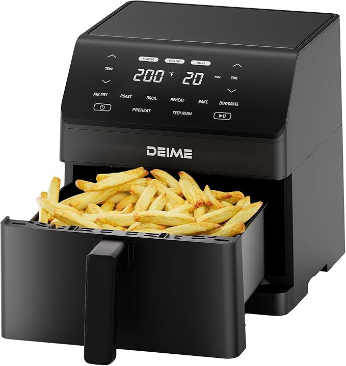 DEIME Air Fryer 6.5 QT 12-in-1 Dual heating for 360° Crispy Meals Large Capacity Oven Air Fryers Healthy Cooker with Fast Cooking with Bake, Roast, Broil, Non-Stick Basket