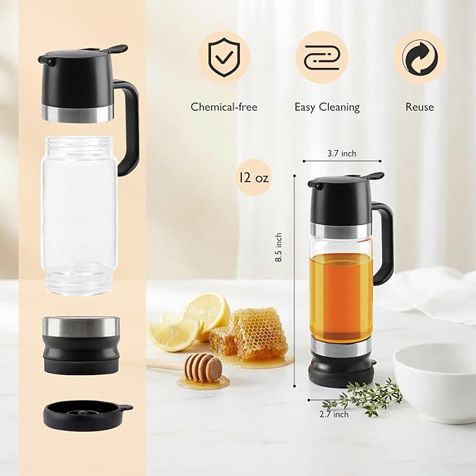 Aelga Coffee Syrup Dispenser, Honey Dispenser, 12 OZ Glass Syrup Bottles with Handle, No Drip Pouring, Coffee Bar Accessories for Coffee and Tea, Black 2 Pack